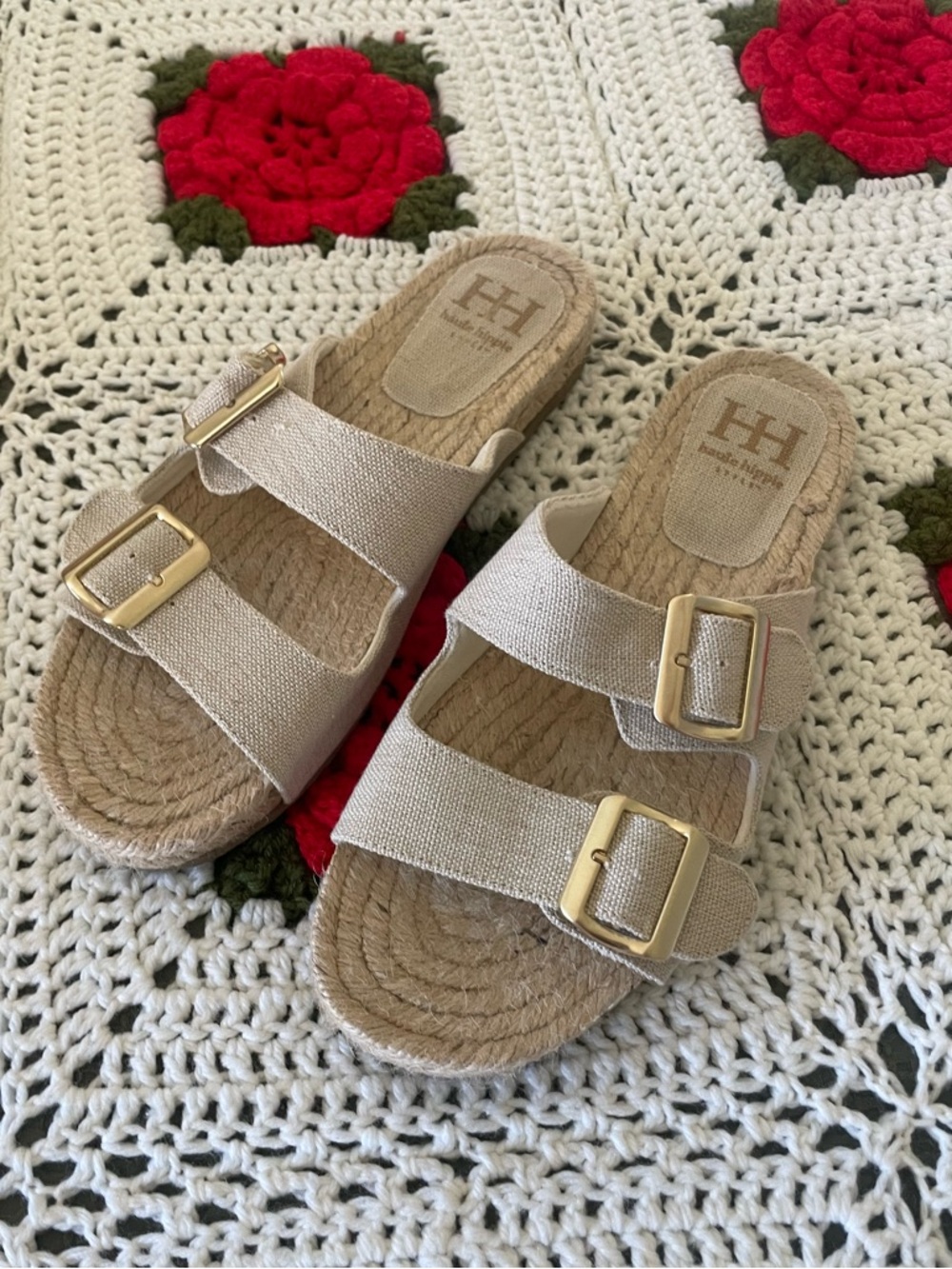 Haute Hippie Natural Beige Double-Buckle Espadrille Sandals